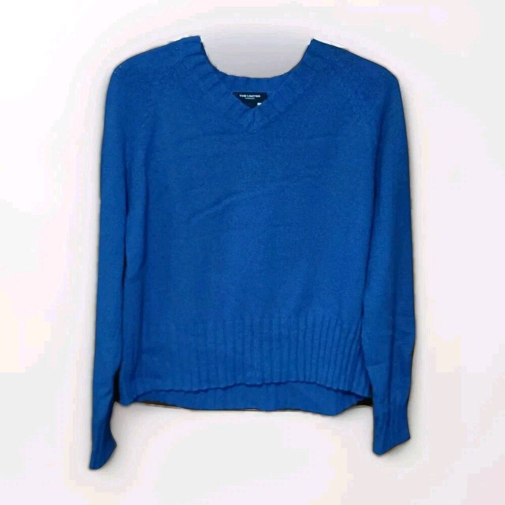 The Limited America Women's V-Neck Sweater Medium Blue Pullover Cropped Preppy
